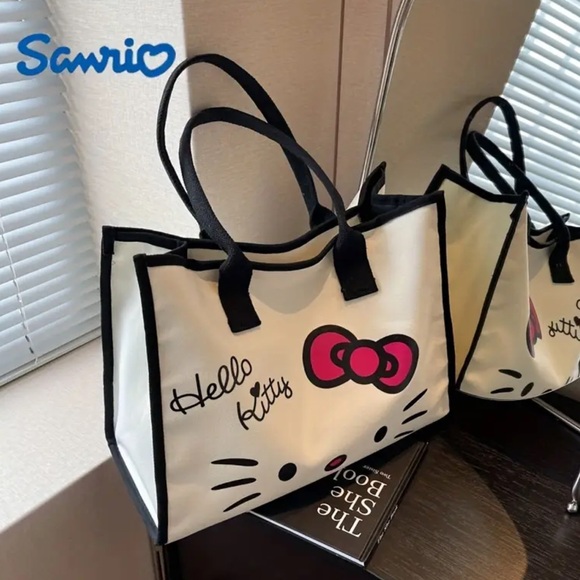 NIP Hello Kitty Sanrio Canvas Tote Bag Black Lining - Picture 2 of 7